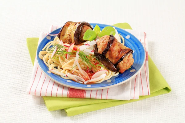 Eggplant wrapped meatballs with spaghetti — Stock Photo, Image