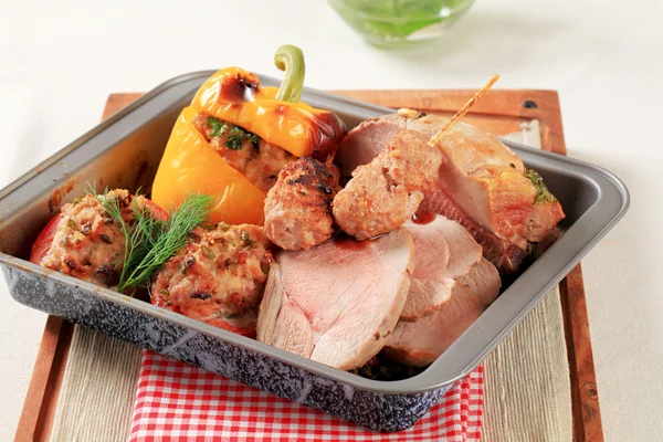Pork meat in a roasted pan — Stock Photo, Image