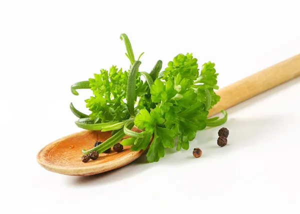Fresh culinary herbs and black peppercorns — Stock Photo, Image