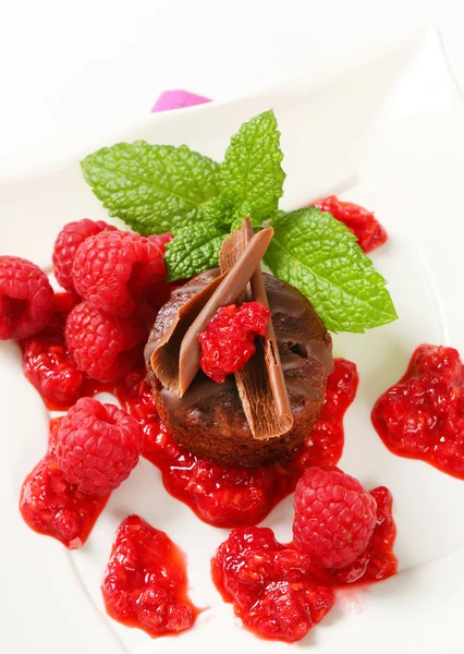 Mini chocolate cake with fresh raspberries — Stock Photo, Image