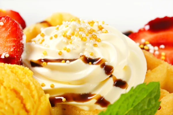 Waffle with whipped cream — Stock Photo, Image