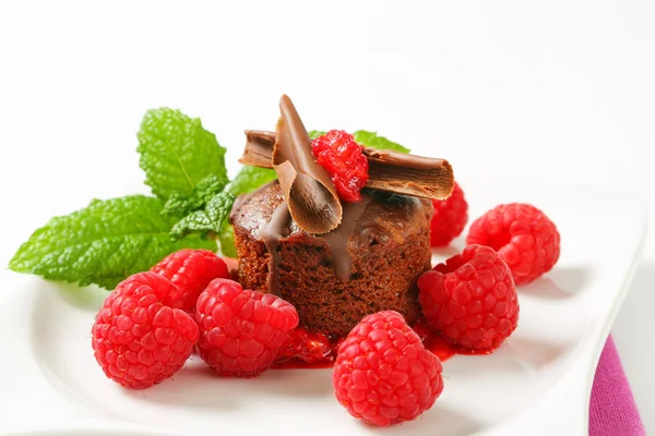 Μίνι κέικ σοκολάτας με φρέσκα σμέουρα — Φωτογραφία Αρχείου
