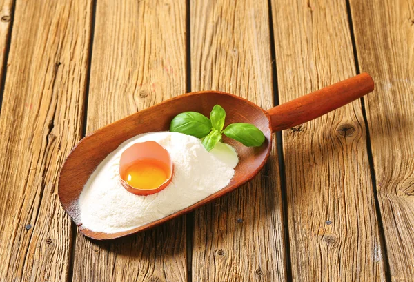 Farine et œuf frais dans une cuillère — Photo
