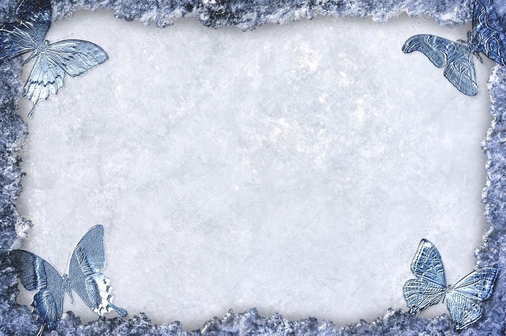 Blue ice framed background with butterflies