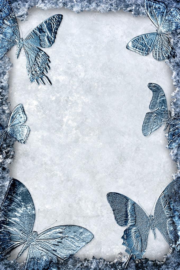 Blue ice frame with butterflies background