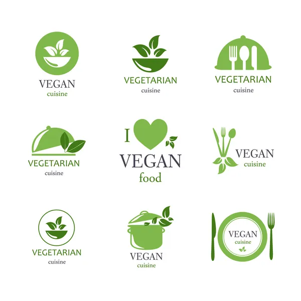 Vector Vegano y Vegetariano Emblemas de Alimentos — Archivo Imágenes Vectoriales