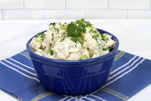 Blue Bowl Filled Cauliflower Salad Healthy Choice Potato Salad Garnished — Stock Photo, Image