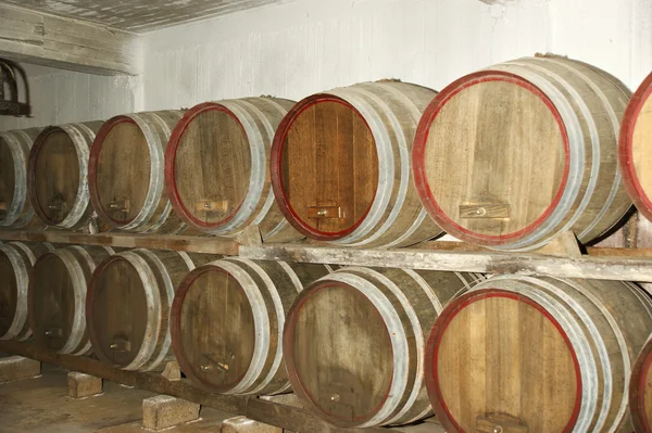 Barris de carvalho em que o vinho amadurece numa adega — Fotografia de Stock