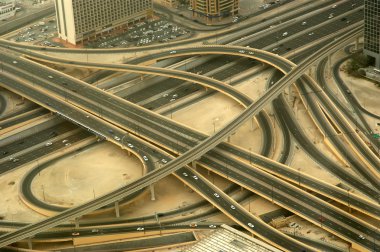 Dubai, Birleşik Arap Emirlikleri. Uluslararası Dubai Kongre ve Sergi Sarayı yükseklikten havadan görünümü