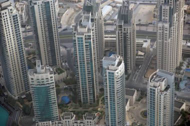 Dubai, Birleşik Arap Emirlikleri. Uluslararası Dubai Kongre ve Sergi Sarayı yükseklikten havadan görünümü