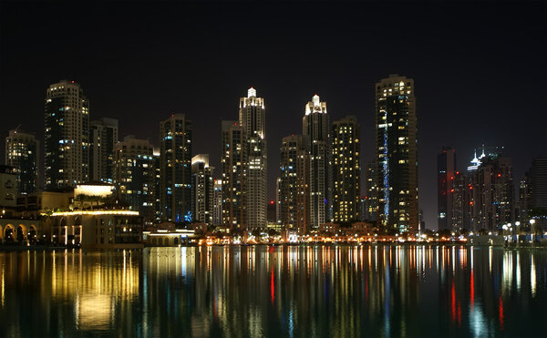 City skyline from Dubai Mall near Burj Khalifa by night, United Arab Emirates
