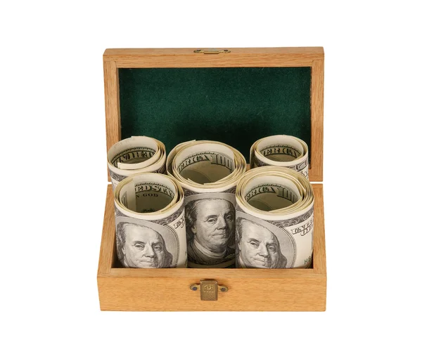 Hundred dollar bills money in a box — Stock Photo, Image