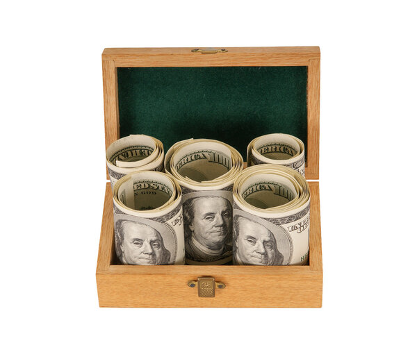 Hundred dollar bills money in a box