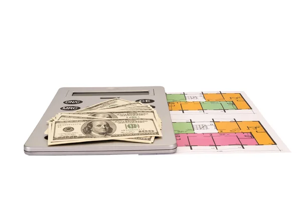 Hundred dollar bills money pile and and calculator on blueprints — Stock Photo, Image