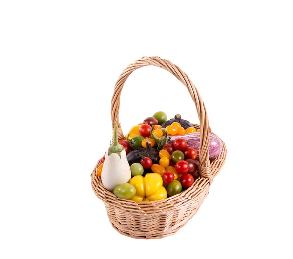 Still life with different color tomatoes, pepper and eggplants — Stock Photo, Image