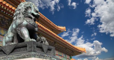 Bronz koruyucu aslan heykeli yasak şehir, Beijing, Çin