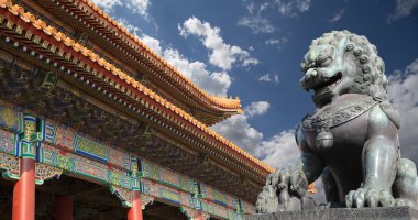 Bronz koruyucu aslan heykeli yasak şehir, Beijing, Çin