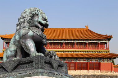 Bronz koruyucu aslan heykeli yasak şehir, Beijing, Çin