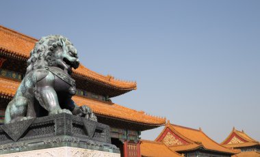 Bronz koruyucu aslan heykeli yasak şehir, Beijing, Çin