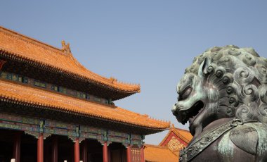 Bronz koruyucu aslan heykeli yasak şehir, Beijing, Çin