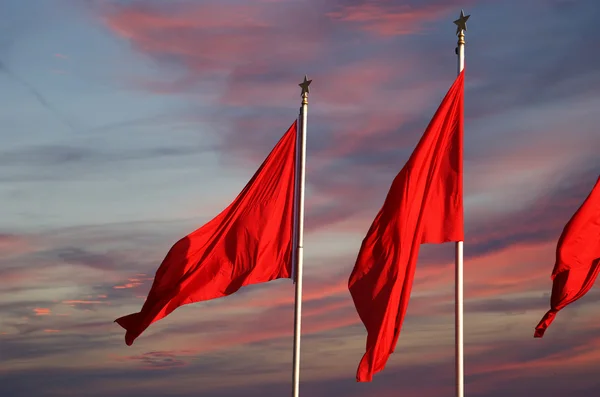 Red flags on the Tiananmen Square -- is a large city square in the center of Beijing, China — Stock Photo, Image