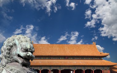 Bronz koruyucu aslan heykeli yasak şehir, Beijing, Çin