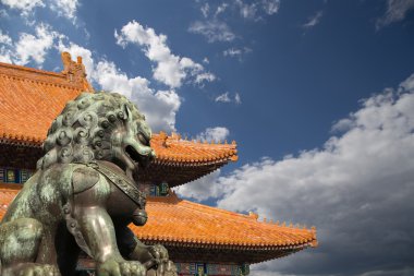Bronz koruyucu aslan heykeli yasak şehir, Beijing, Çin