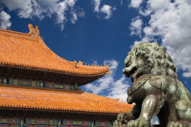 Bronz koruyucu aslan heykeli yasak şehir, Beijing, Çin