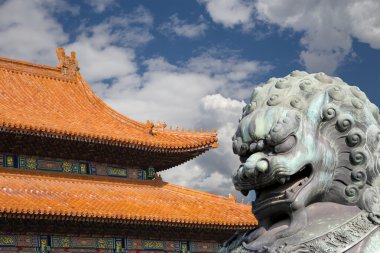 Bronz koruyucu aslan heykeli yasak şehir, Beijing, Çin