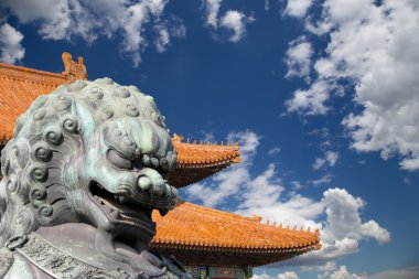 Bronz koruyucu aslan heykeli yasak şehir, Beijing, Çin