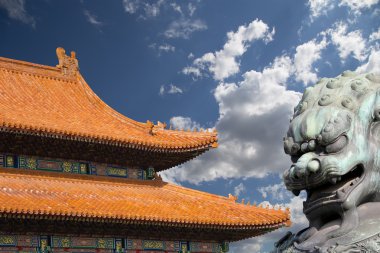 Bronz koruyucu aslan heykeli yasak şehir, Beijing, Çin