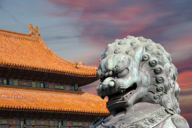 Bronz koruyucu aslan heykeli yasak şehir, Beijing, Çin