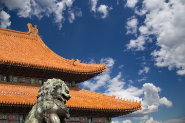 Bronz koruyucu aslan heykeli yasak şehir, Beijing, Çin