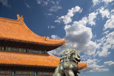 Bronz koruyucu aslan heykeli yasak şehir, Beijing, Çin