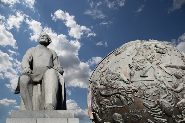 Konstantin Tsiolkovsky Monument, the precursor of astronautics, and Celestial globes-- near Monument of Sovjet space flight, Moscow, Russia