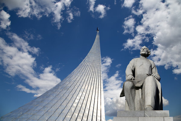 Conquerors of Space Monument in the park outdoors of Cosmonautics museum, Moscow, Russia