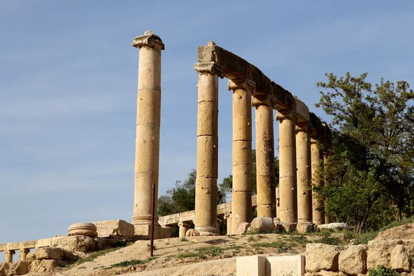 Fórum (ovális plaza) jerash, Jordánia. Fórum, egy aszimmetrikus plaza a oszlopos utca, mely az első században épült kezdetén — Stock Fotó