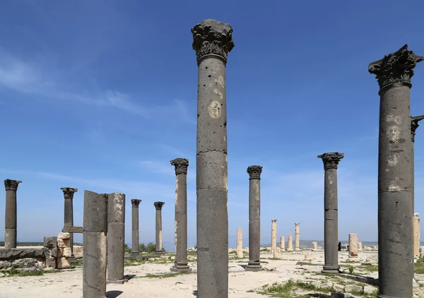罗马废墟在 um 伊斯 (um qays） — — 是在北部约旦 gadara 古老小镇附近的一个市镇。乌伊斯是乔丹最独特希腊罗马低加波利传扬景点之一 — 图库照片