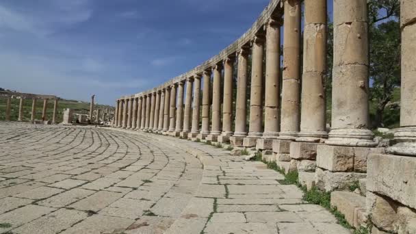 Forum (Oval Plaza)  in Gerasa (Jerash), Jordan.  Forum is an asymmetric plaza at the beginning of the Colonnaded Street, which was built in the first century AD — Stockvideo