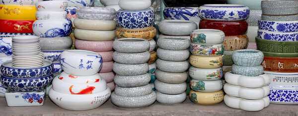 Traditional Chinese ceramic tableware at a Chinese market