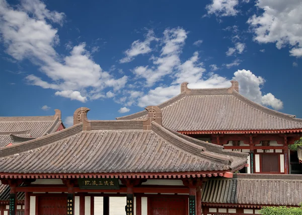 Украшения крыши на территории Giant Wild Goose Pagoda, это буддийская пагода, расположенная в южной части Сианя (Сиань, Сиань), провинция Шэньси, Китай — стоковое фото