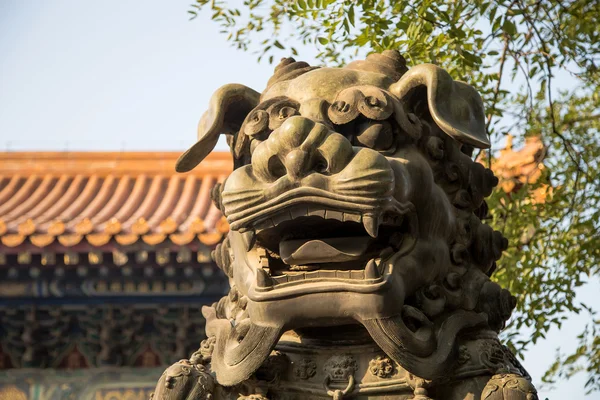Bronze Guardian Lejonstaty i Yonghe Temple (Lamatemplet) i Peking, Kina — Stockfoto