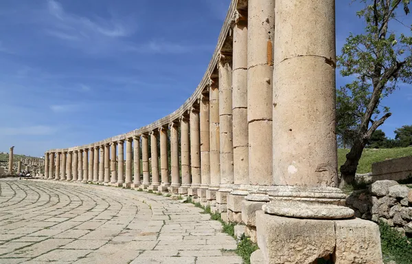 Forum (Oval Plaza) em Gerasa (Jerash), Jordânia. Forum é uma praça assimétrica no início da Colonnaded Street, que foi construída no século I dC — Fotografia de Stock