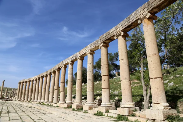 Φόρουμ (οβάλ plaza) σε τον Γεράσας (Γέρασα), Ιορδανία. φόρουμ είναι μια Ασύμμετρη plaza στην αρχή του δρόμου κιονοστοιχία, που χτίστηκε το πρώτο αιώνα μ.χ. — Φωτογραφία Αρχείου