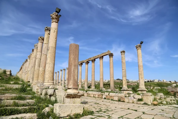 Romerska pelare i den jordanska staden jerash (gerasa av antiken), huvudstad och största stad guvernement jerash, Jordanien — Stockfoto