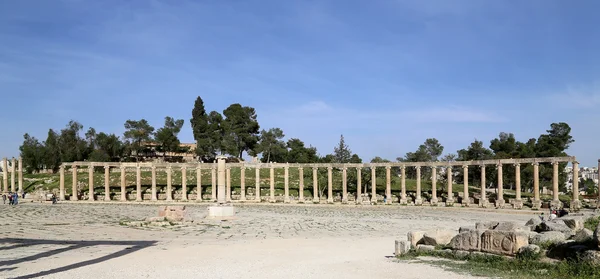 Forum (ovale plaza) in gerasa (jerash), jordan. Forum ist ein asymmetrischer Platz am Anfang der Kolonnadenstraße, die im ersten Jahrhundert erbaut wurde. ad — Stockfoto