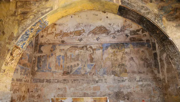 Freska v quseir (Kasr) amra pouštní hrad poblíž amman, Jordánsko. Seznam světového dědictví se slavnou fresku. v 8. století postavil umajjovského chalífy Walída ii — Stock fotografie