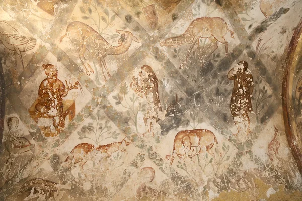 Freska v quseir (Kasr) amra pouštní hrad poblíž amman, Jordánsko. Seznam světového dědictví se slavnou fresku. v 8. století postavil umajjovského chalífy Walída ii — Stock fotografie