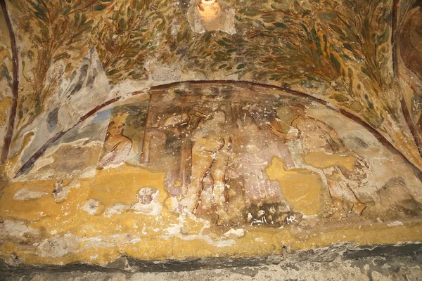 Fresco em Quseir (Qasr) Castelo do deserto de Amra, perto de Amã, Jordânia. Património mundial com afrescos famosos. Construído no século VIII pelo califa omíada Walid II — Fotografia de Stock