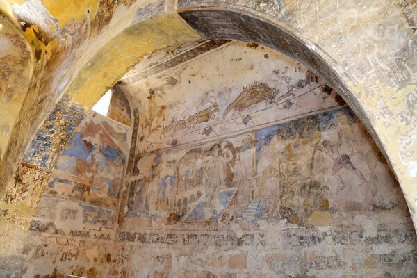 Fresco at Quseir (Qasr) Amra desert castle near Amman, Jordan. World heritage with famous fresco's. Built in 8th century by the Umayyad caliph Walid II